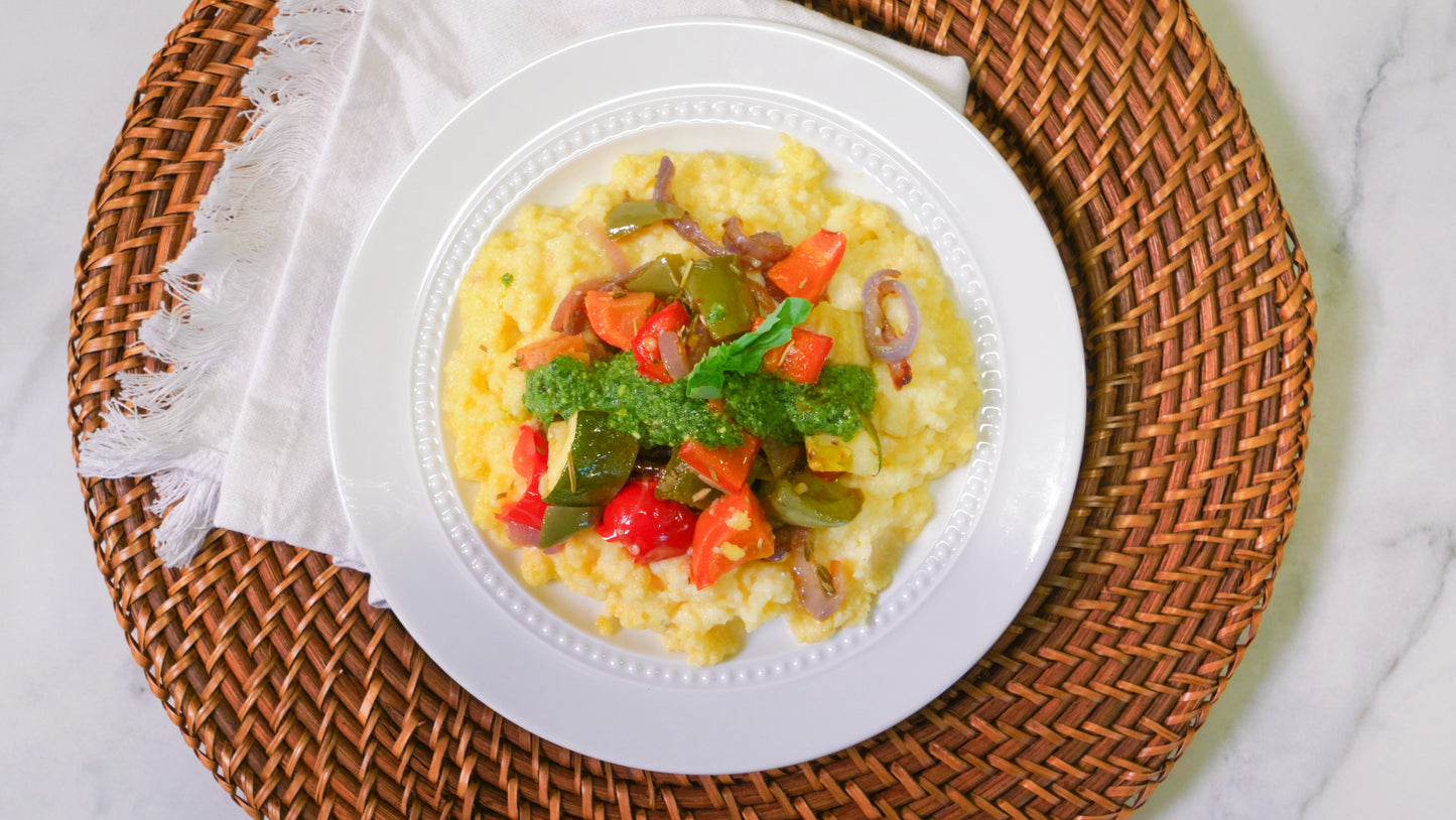 Roasted Vegetables Over Parmesan Polenta & Vegan Pesto